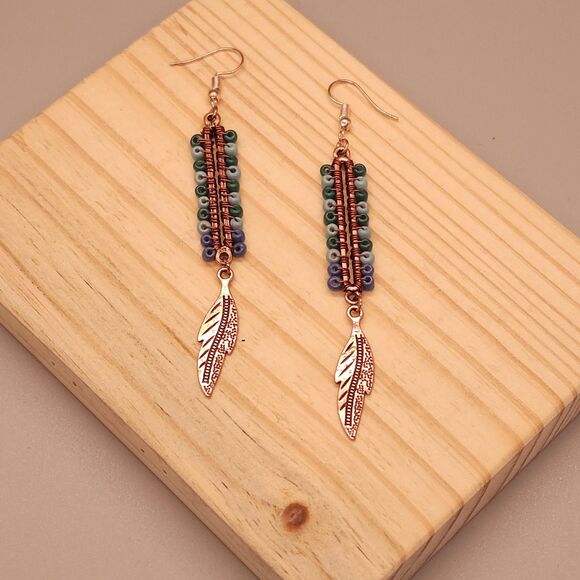 Wire-Wrapped Drop Earrings with Feather Charm – Boho Chic Handmade Jewelry - Picture 1 of 3